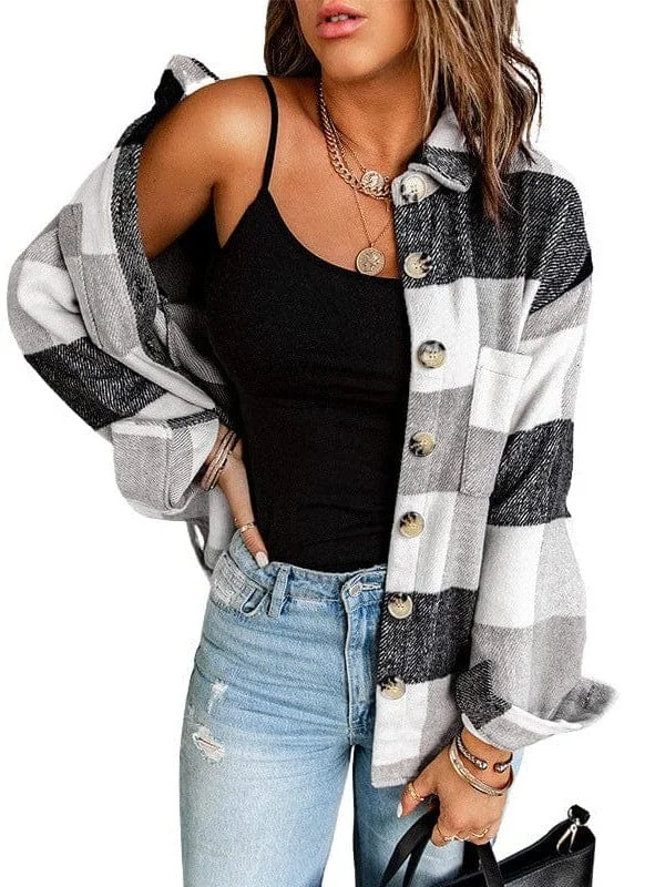 Plus Size Long Sleeve Plaid Coat