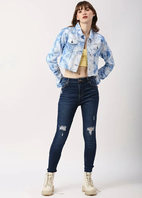 Women's Blue Tie N Dye Sochi Regular Crop Cotton Jacket