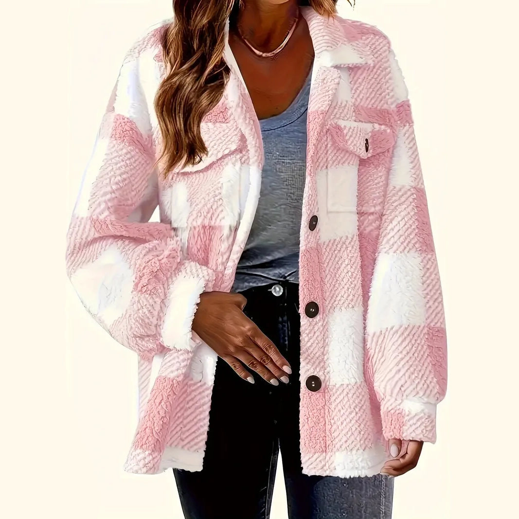 Plaid Pattern Button Front Jacket, Elegant Long Sleeve Warm Outerwear For Fall & Winter