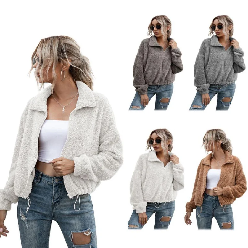 Solid Drawstring Hem Crop Teddy Jacket