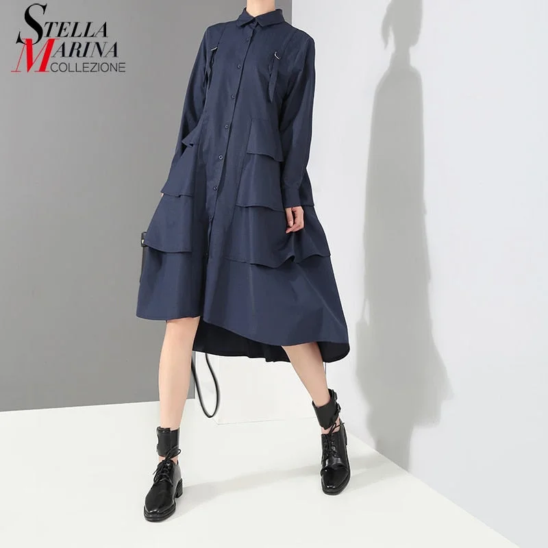 New 2019 Korean Style Women Autumn Navy Blue Shirt Dress Long Sleeve Cascading Ruffle Ladies Elegant Party Midi Dress Robe 3807