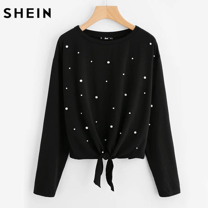 SHEIN Pearl Beaded Knot Front Cute Tee Shirt Black Casual T shirt for Women Long Sleeve Round Neck Women T-shirts