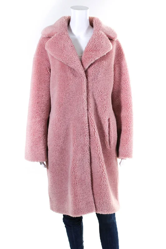 STAND Womens Textured Fur Snap Long Sleeve Button High Collared Coat Pink