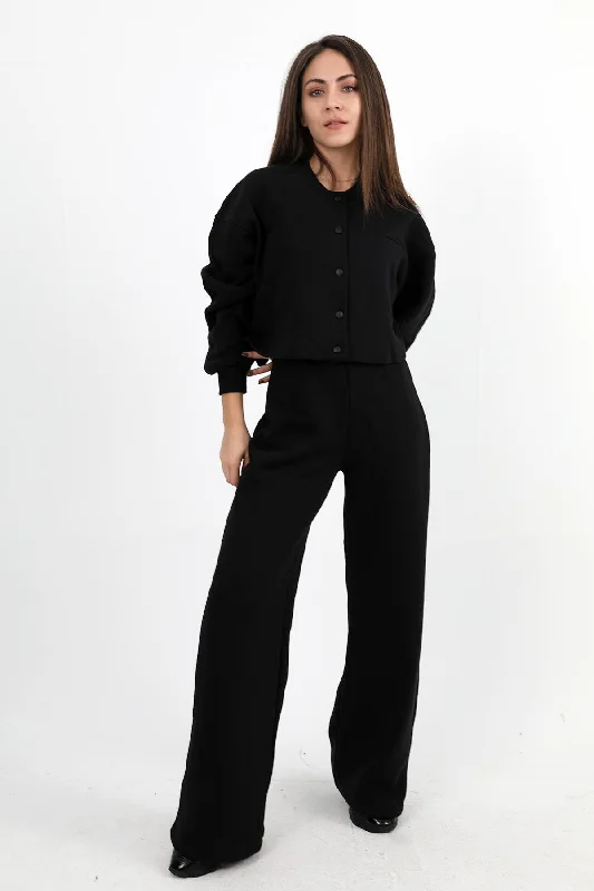 Women's Three Thread Snap Jacket and Trousers Set - Black