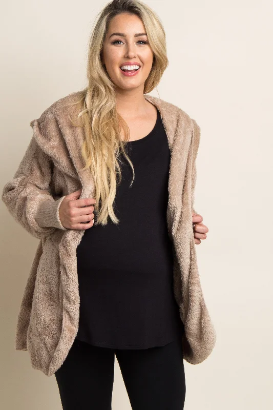 Taupe Fuzzy Hooded Long Sleeve Maternity Jacket