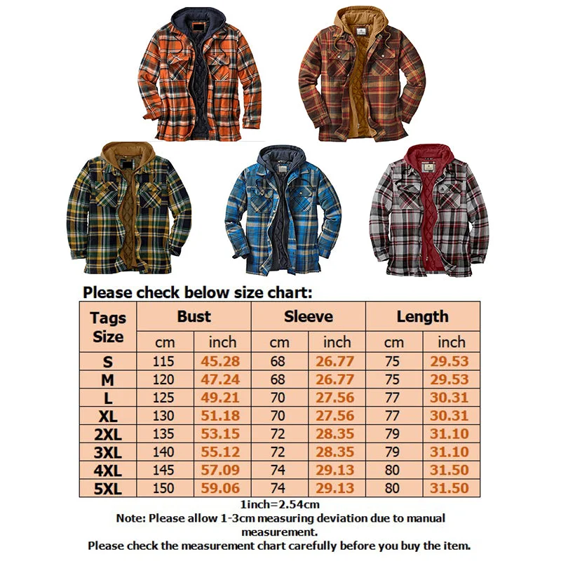 Men's Plaid Stripes Print Jacket Zip Top Hooded Long Sleeve Coat Thicken Coat