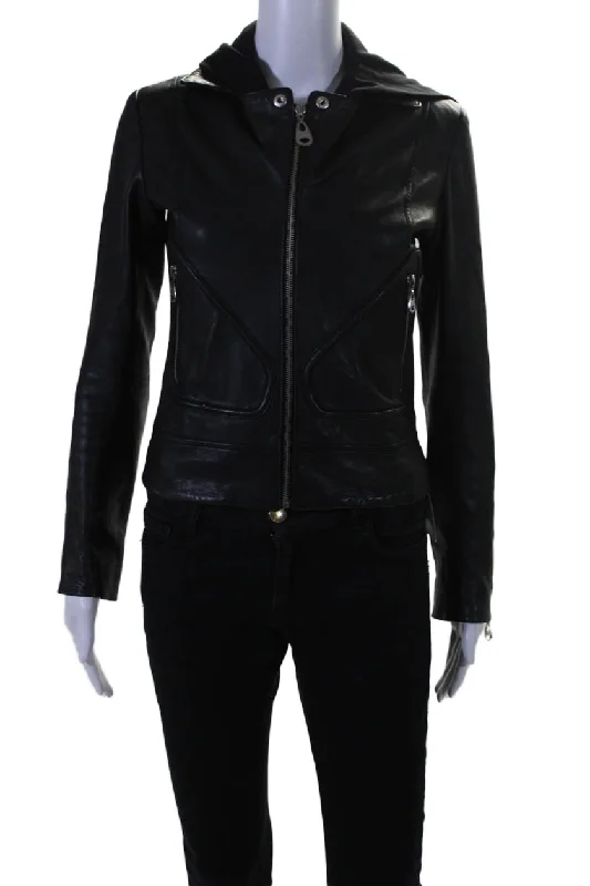 Doma Womens Leather Long Sleeves Hooded Full Zipper Jacket Black