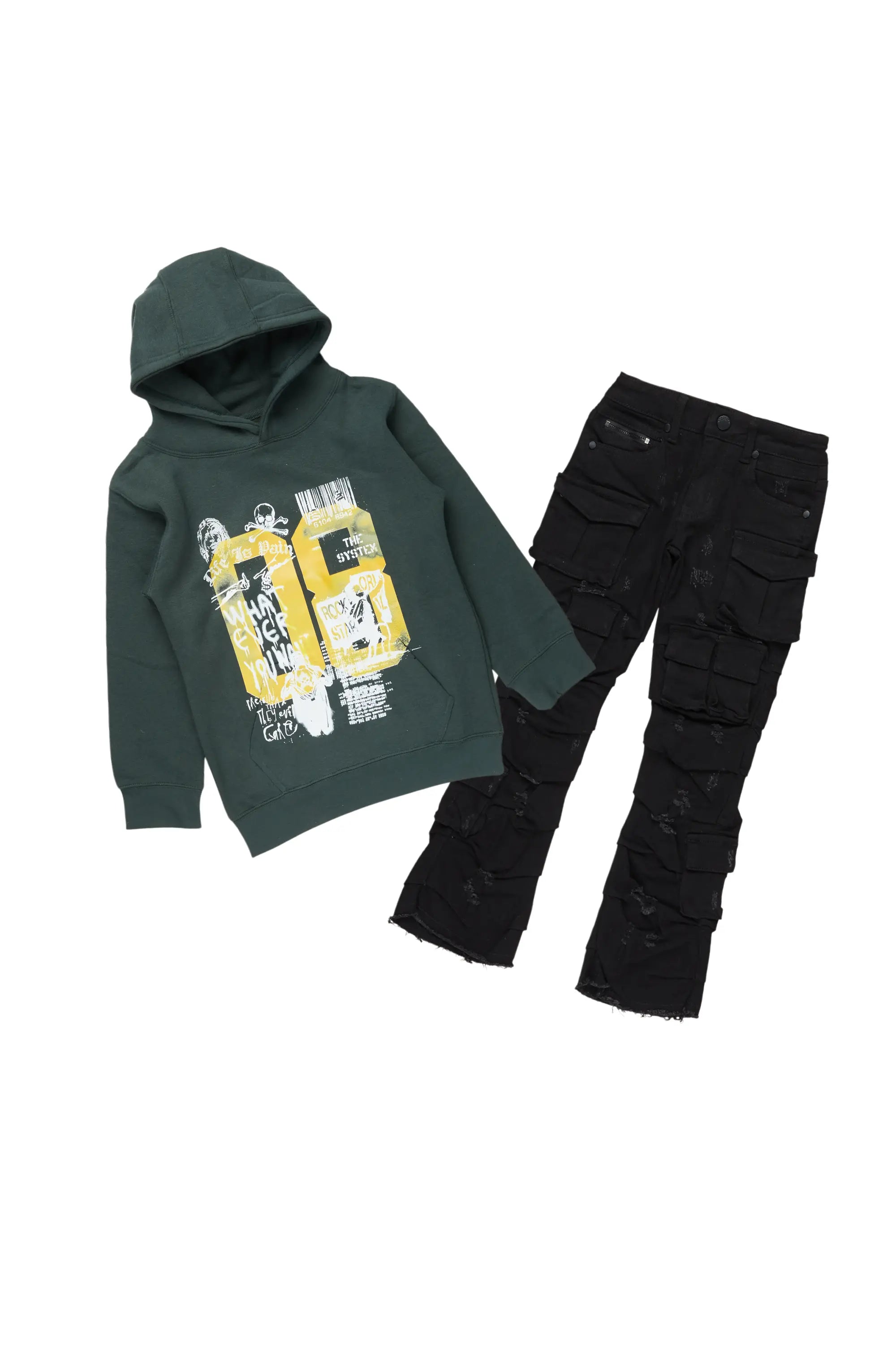 Boys Beau Forest Green Hoodie/Stacked Flare Jean Set