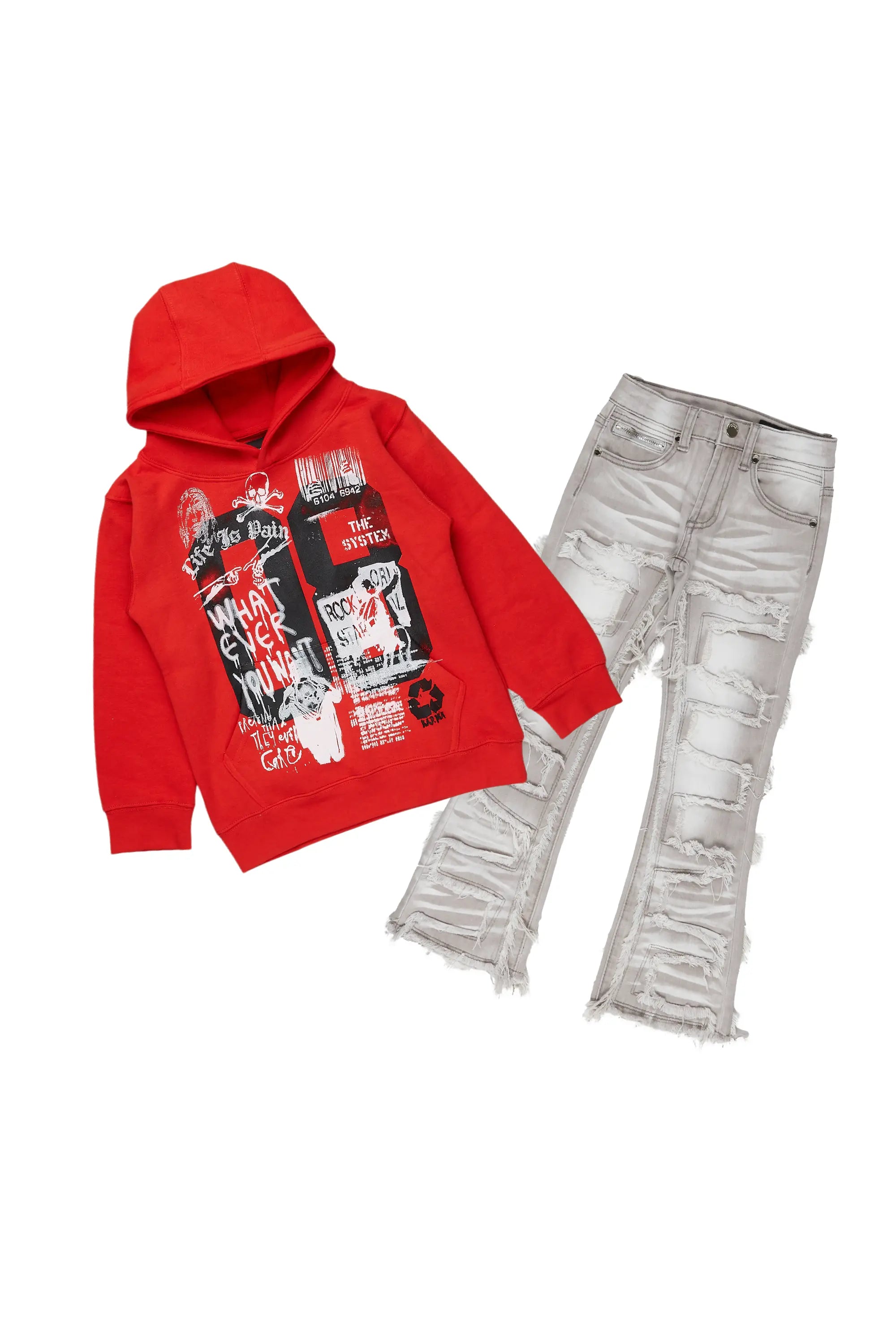 Boys Beau Red/Grey Hoodie/Stacked Flare Jean Set