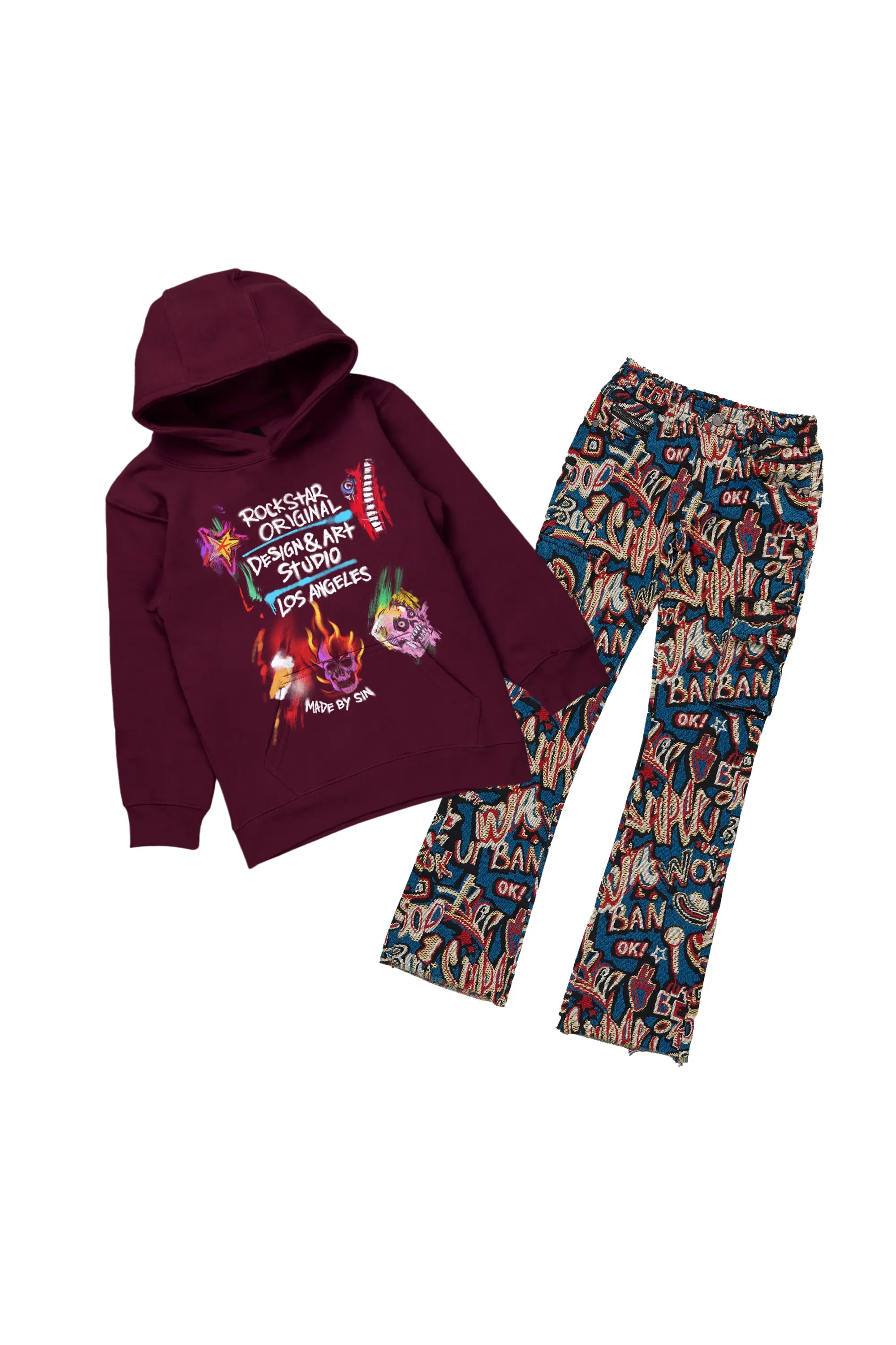 Boys Soweto Maroon Hoodie/Stack Flare Jean Set