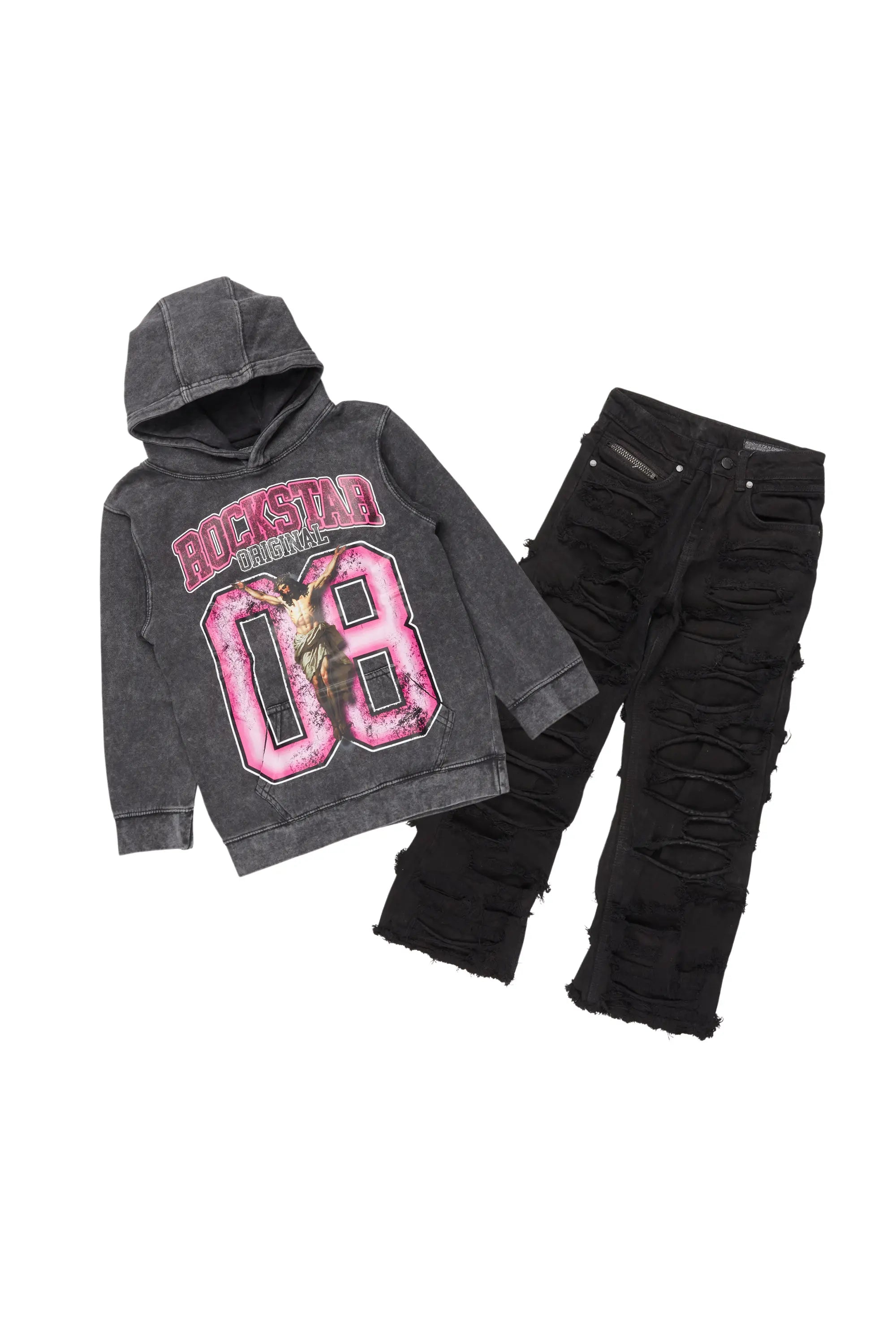 Boys Fields Vintage Black/Pink Hoodie/Baggy Fit Jean Set