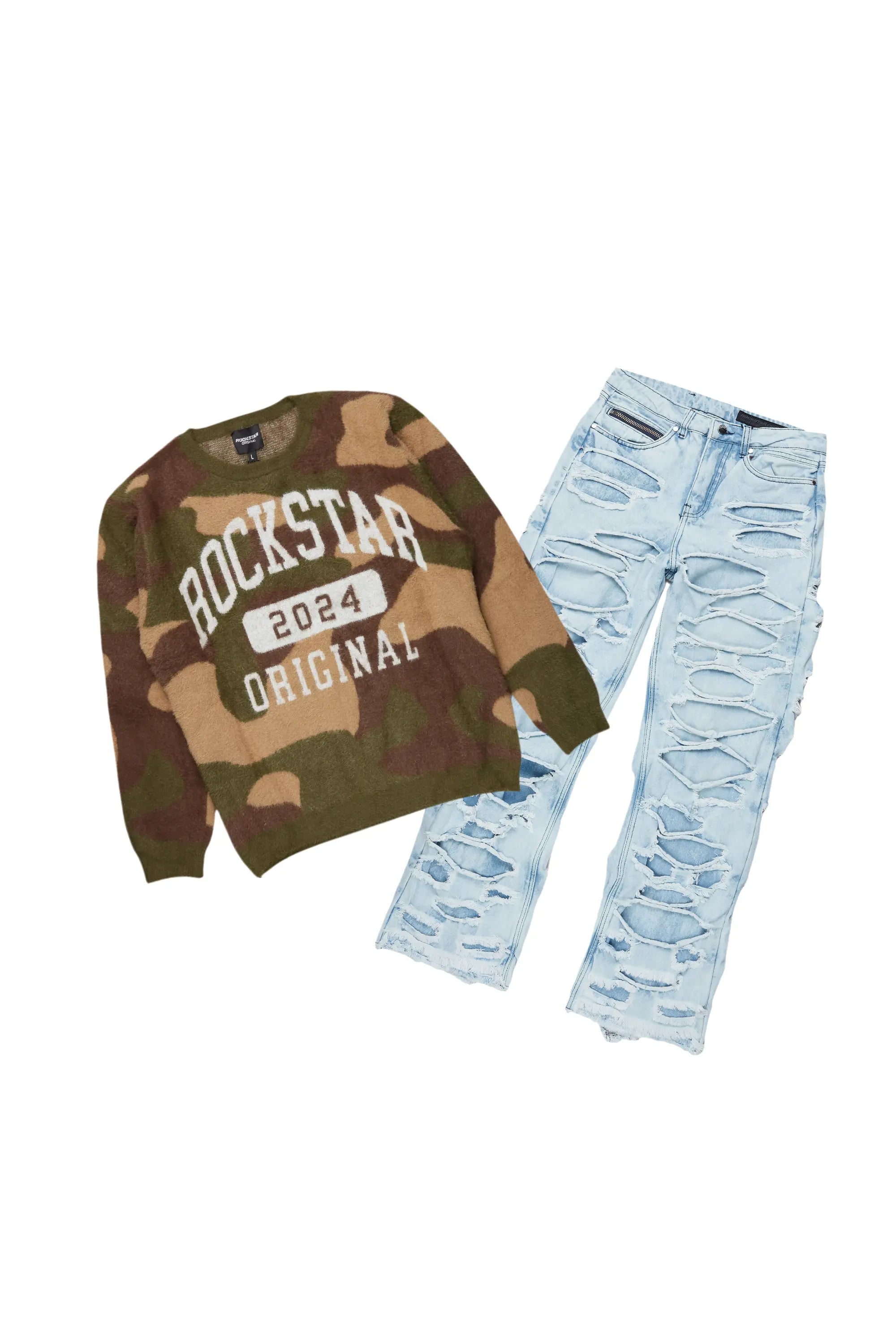 Boys Cavel Camo Knit Sweater/Stacked Flare Jean Set