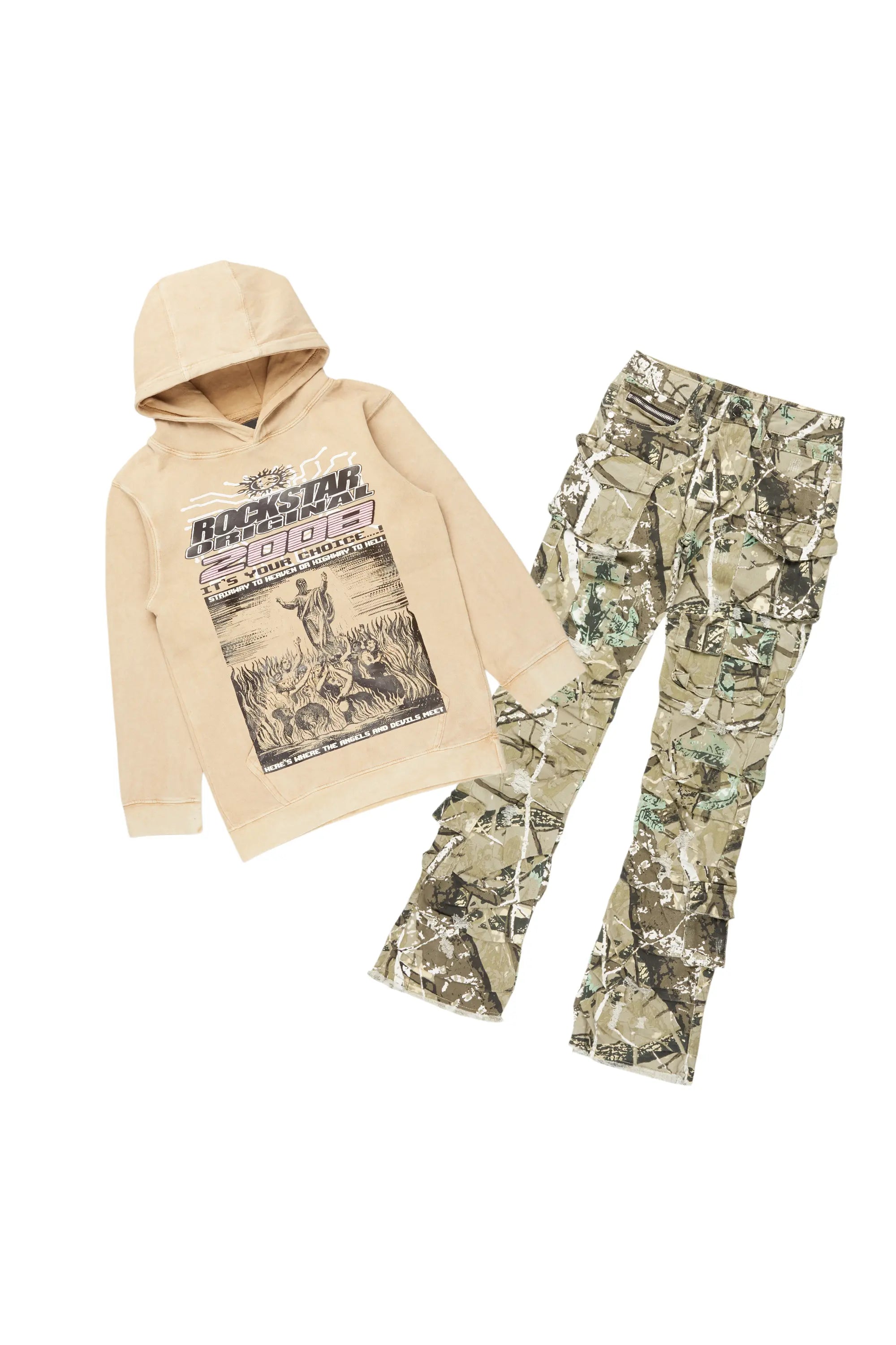 Boys Luxton Vintage Beige/Tree Camo Hoodie/Stack Flare Jean Set