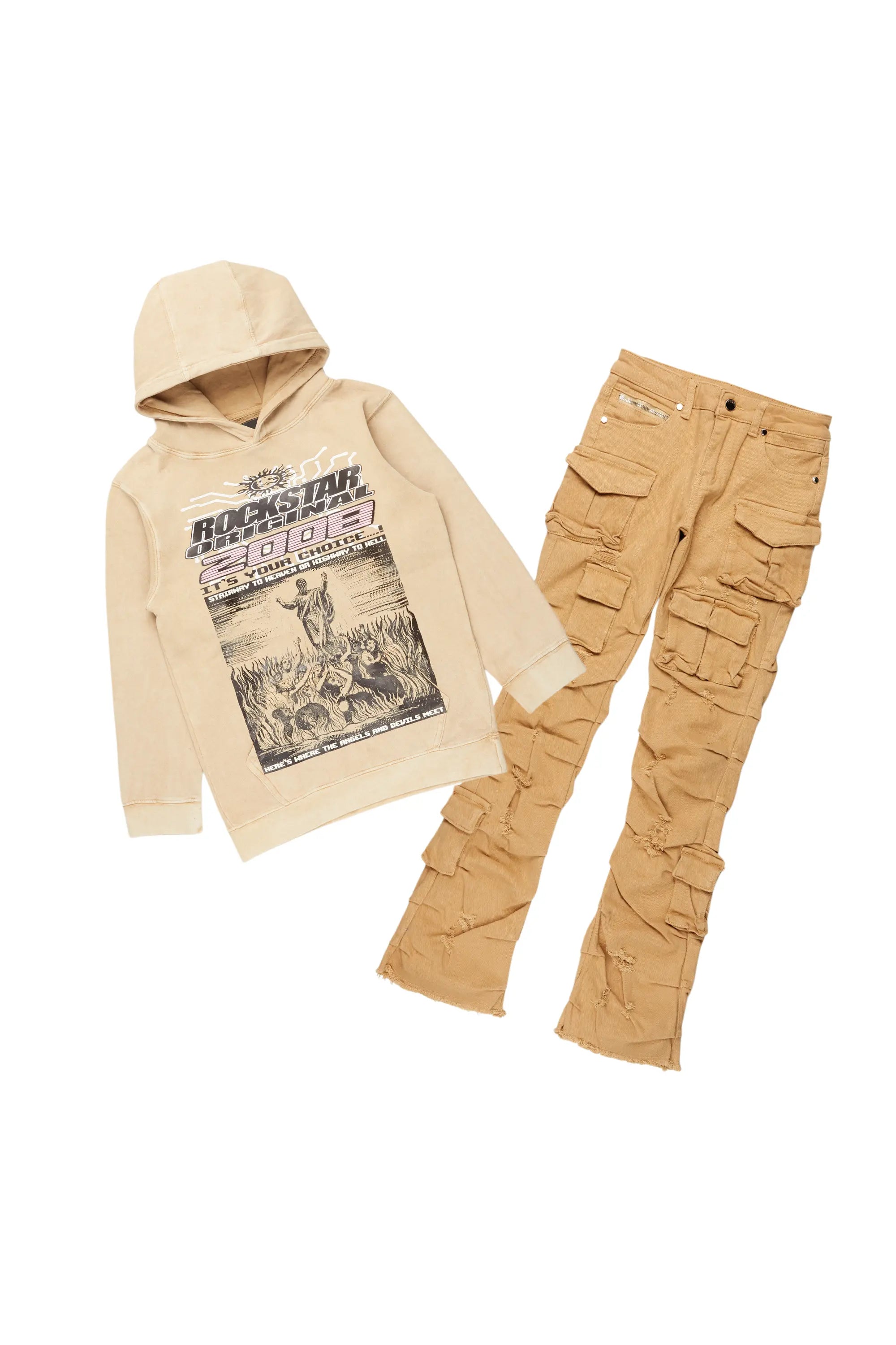 Boys Luxton Vintage Beige Hoodie/Stack Flare Jean Set