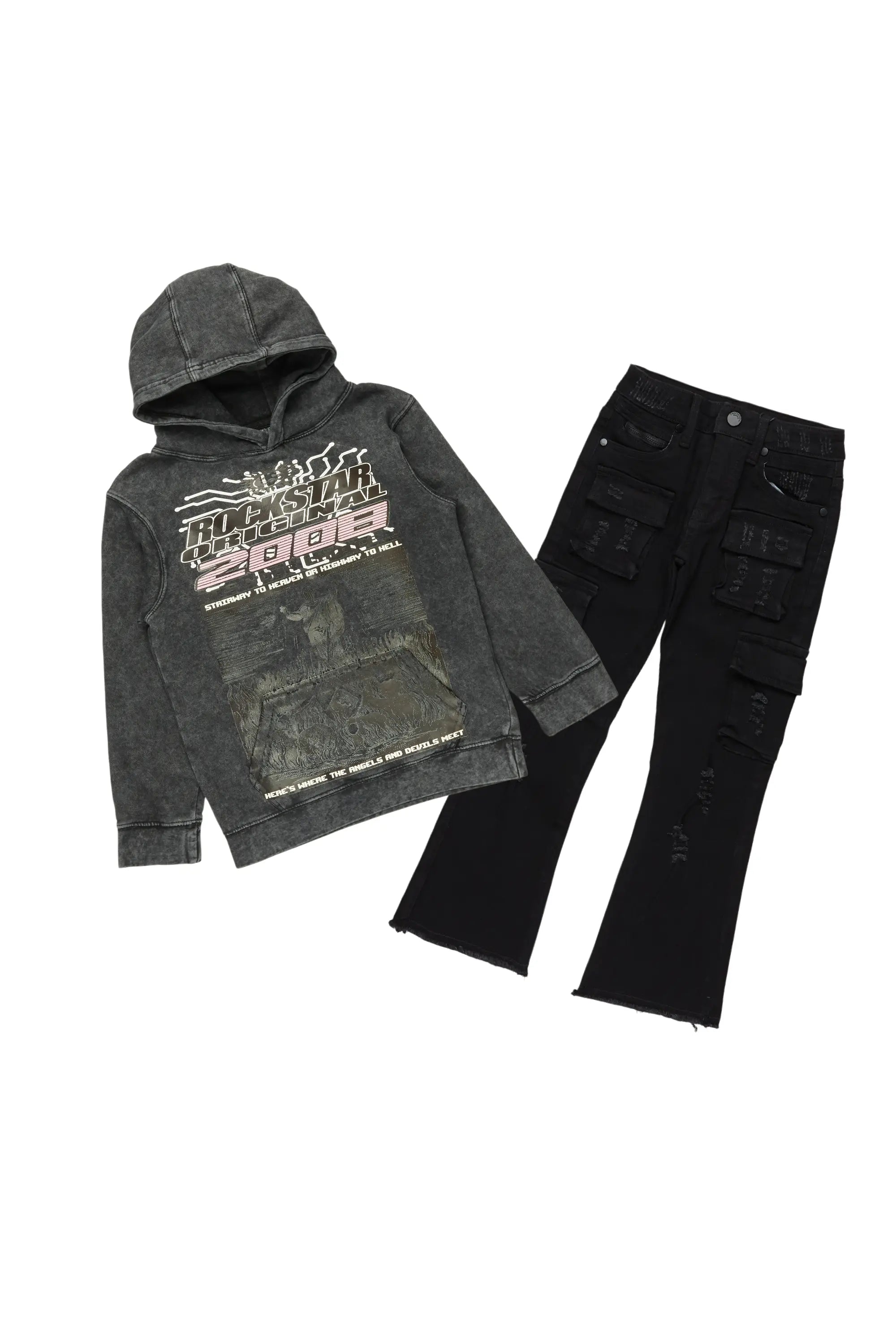 Boys Luxton Vintage Black Hoodie/Stack Flare Jean Set