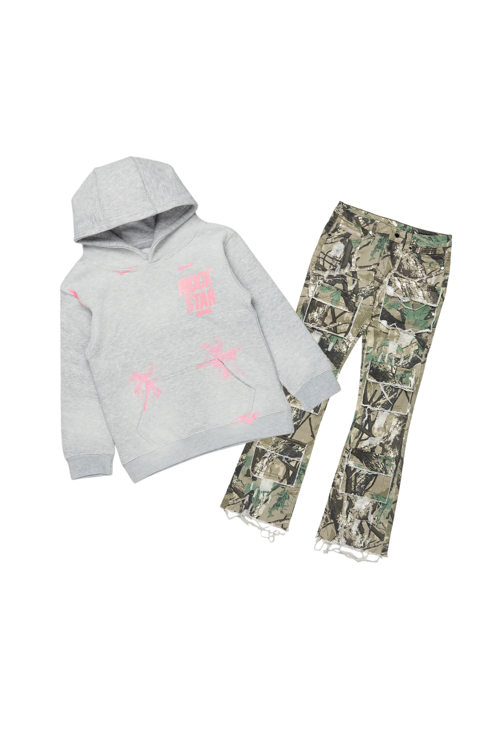 Girls Aimee Tree Camo/Grey Hoodie/Stacked Flare Jean Set