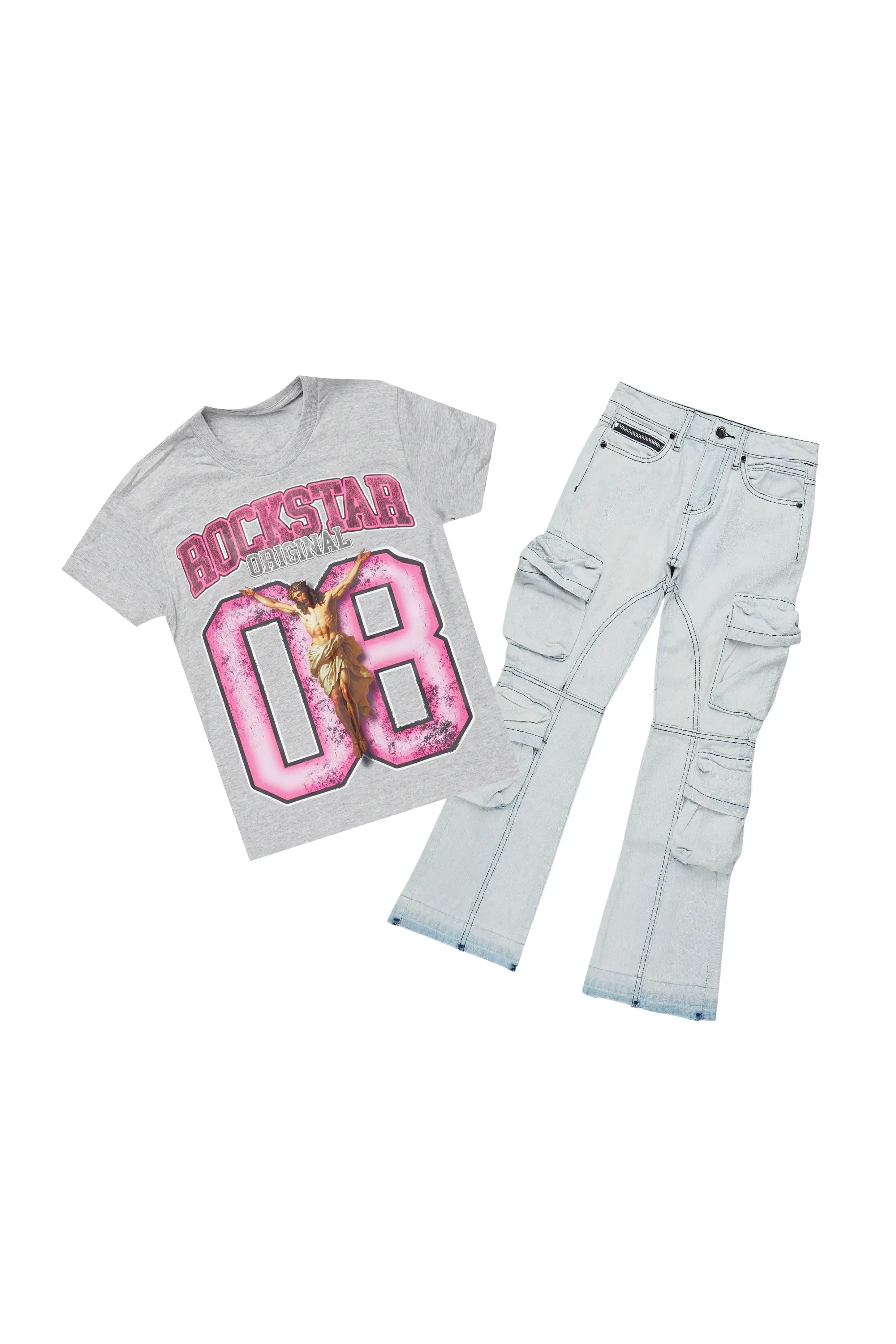 Girls Fillie Grey T-Shirt/Stacked Flare Jean Set