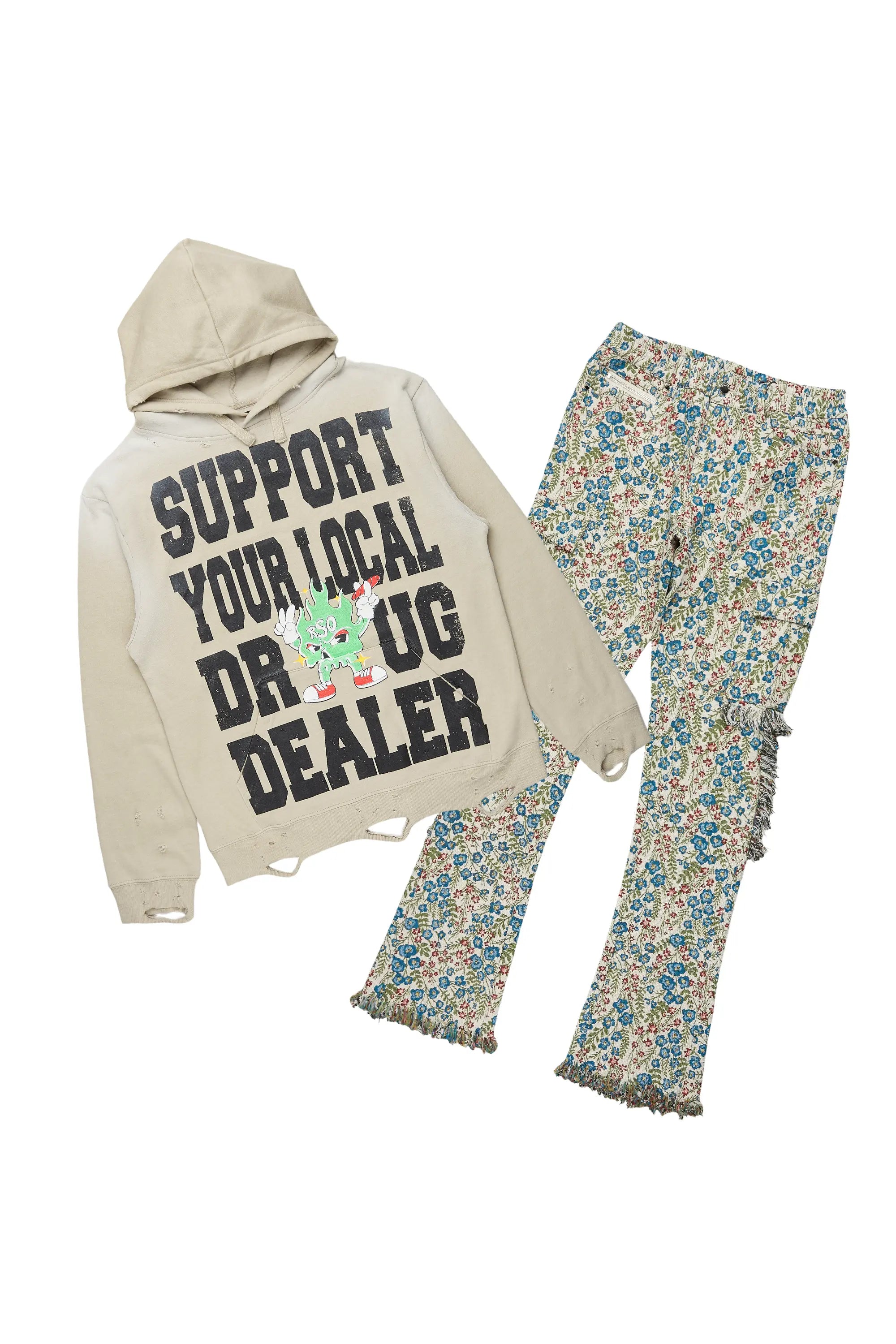 Tarl Beige Hoodie & Ayara Tapestry Stacked Flare Jean Set