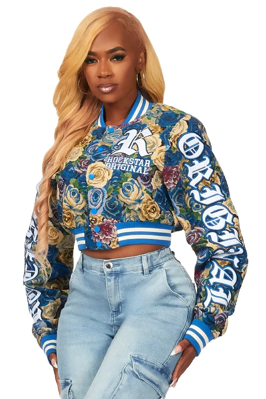 Kyiori Blue Crop Tapestry Varsity Jacket