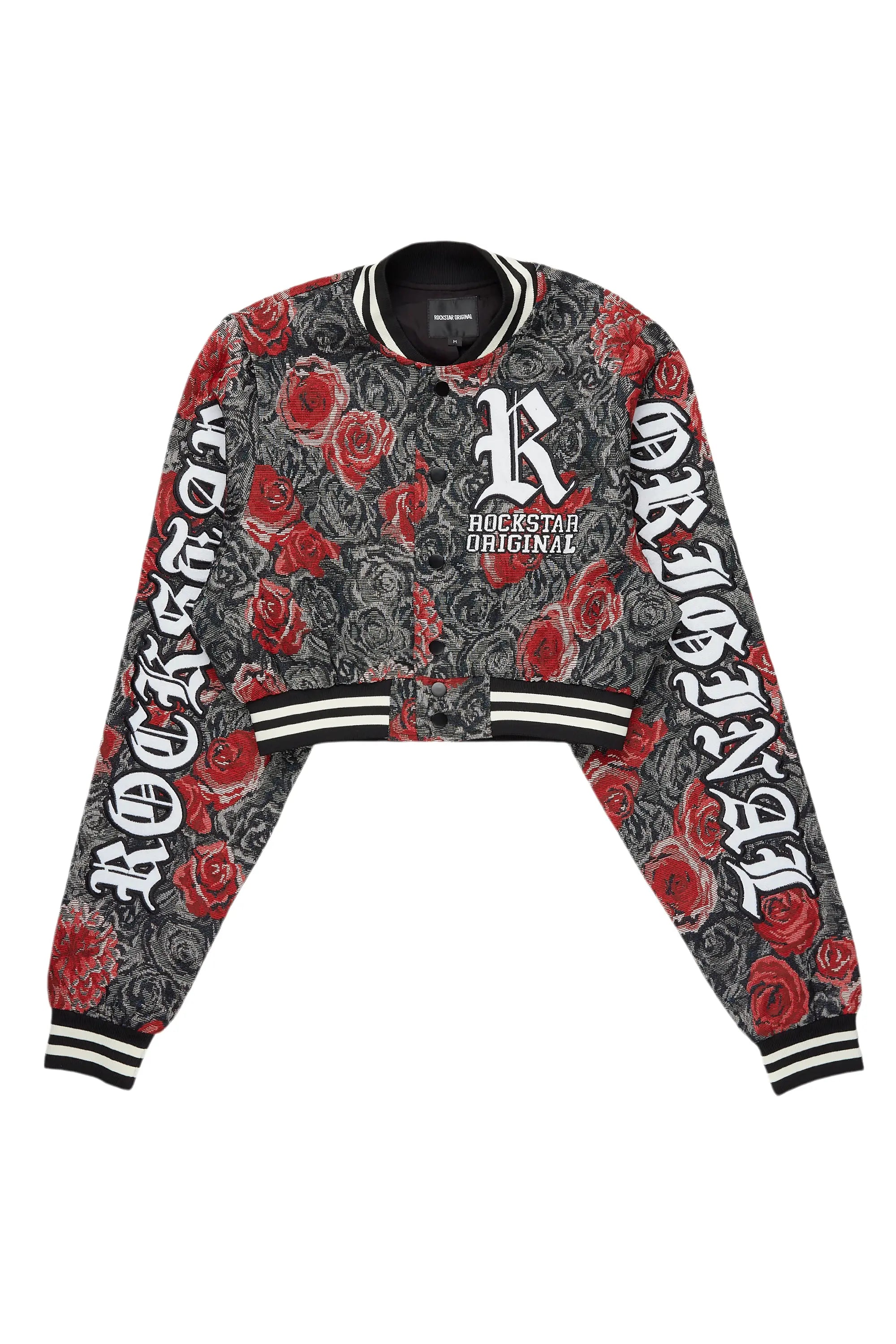 Darresha Black/Red Crop Tapestry Varsity Jacket