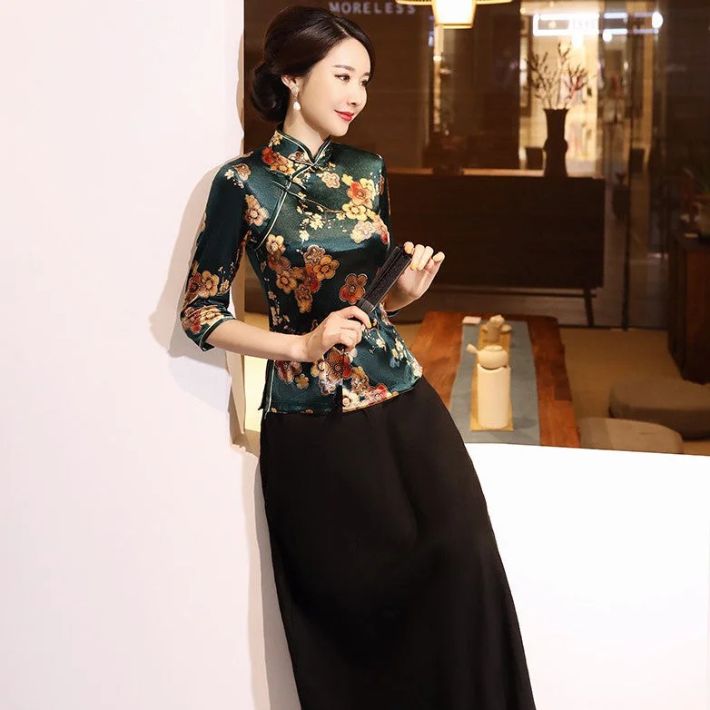 3/4 Sleeve Mandarin Collar Floral Velvet Chinese Shirt Traditional Costume