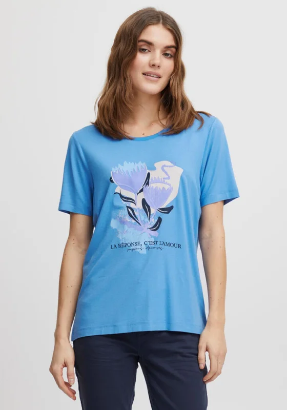 Fransa Flower Print Tshirt, Powder Blue