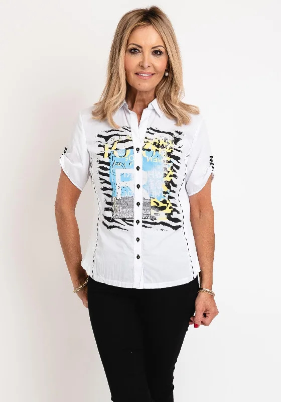 Just White Diamante & Animal Print Shirt, White Multi