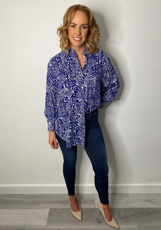 Serafina Collection Paisley Print Long Sleeve Shirt, Royal Blue