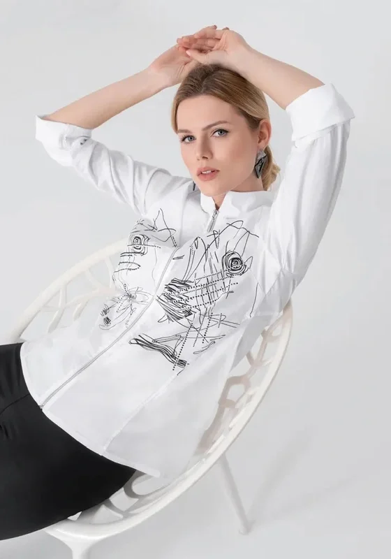 Ever Sassy Print Zipped Shirt, White