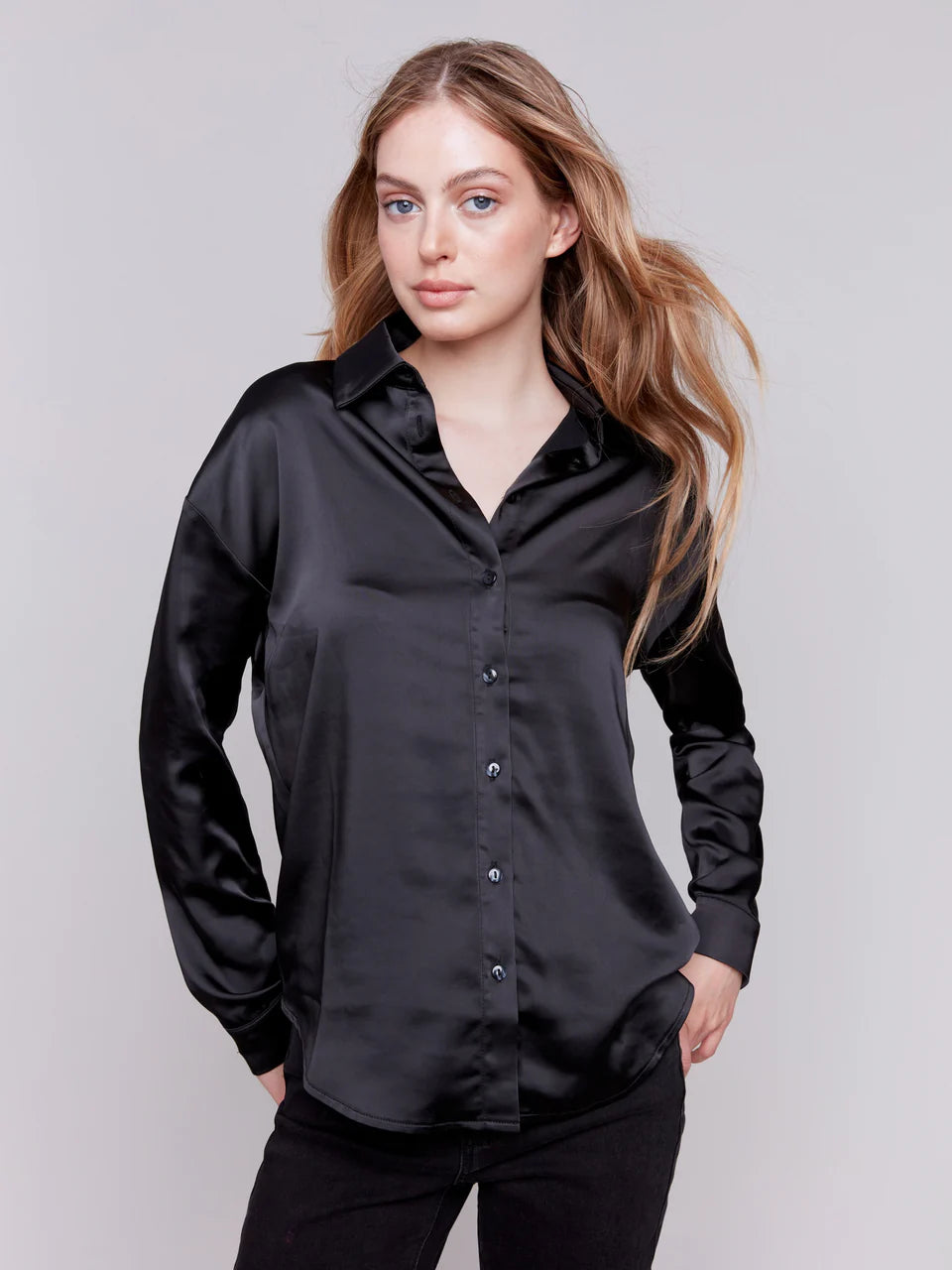 Solid Satin Button-Down Shirt