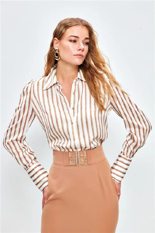 Striped Padding Detailed Button Down Shirt - brown