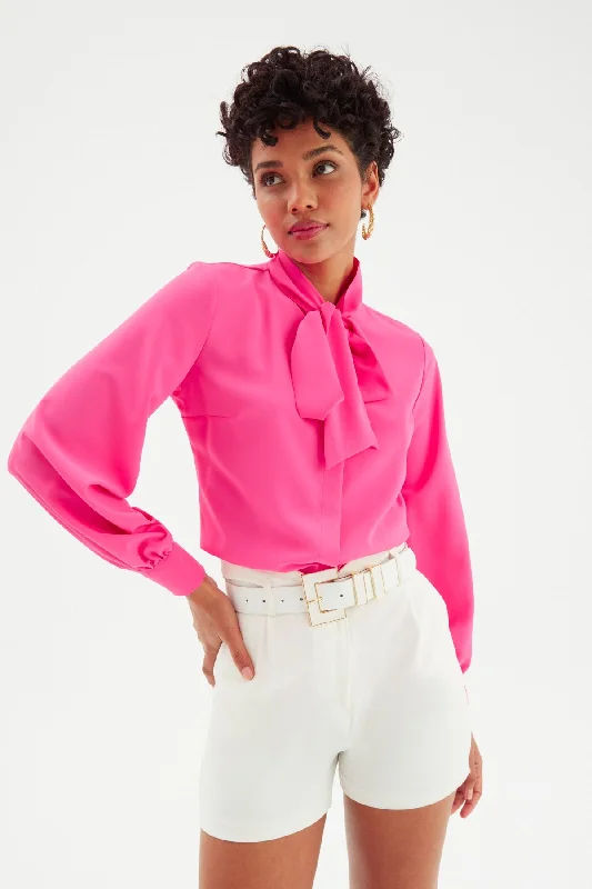 Tied Collar Plain Long Sleeve Shirt - Hot Pink