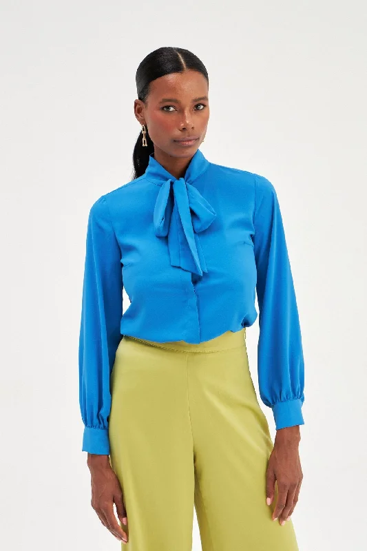 Tied Collar Plain Long Sleeve Shirt - Royal Blue